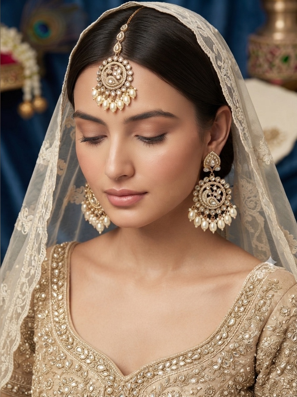 Peacock Kundan Chandbali Earrings & Maang Tikka Set | Polki Pearl
